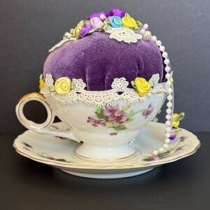 Tea Cup Pin Cushion With Purple Velvet Lace & Pearl Beads Floral Design